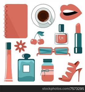 Illustration of female items. Fashion, cosmetics. Vector illustration