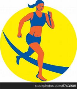 Illustration of female marathon triathlete runner running set inside circle on isolated background done in retro style.. Female Triathlete Marathon Runner Retro