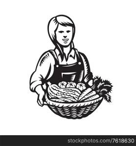 Illustration of female organic farmer with basket of crop produce harvest of fruit and vegetable facing front set done in retro black and white woodcut style.. Female Organic Farmer with Basket of Vegetable Farm Produce Harvest Retro Woodcut