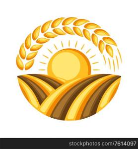 Illustration of field with ripe wheat ear. Agricultural emblem.. Illustration of field with ripe wheat ear.