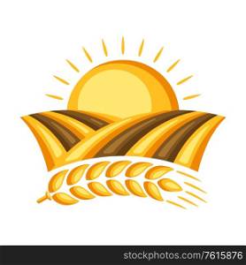 Illustration of field with ripe wheat ear. Agricultural emblem.. Illustration of field with ripe wheat ear.
