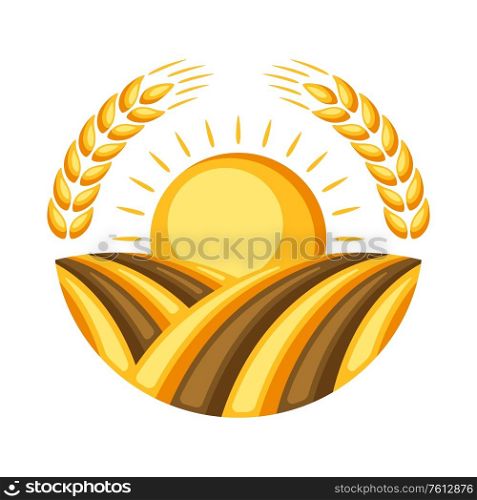 Illustration of field with ripe wheat ears. Agricultural emblem.. Illustration of field with ripe wheat ears.