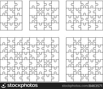 Illustration of five different white puzzles, separate pieces 