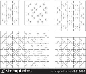Illustration of five different white puzzles, separate pieces
