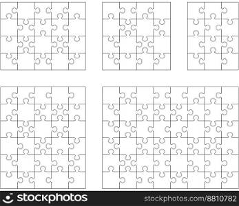 Illustration of five white puzzles, separate pieces 