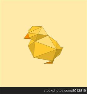 Illustration of flat origami chicken isolated on yellow background
