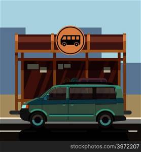 Illustration of flat style minibus on bus stop. Passenger transport for travel and trip vector. Illustration of flat style minibus on bus stop