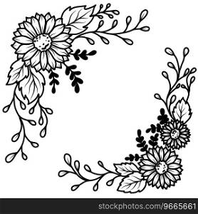 Illustration of floral frame with black and white sunflowers on white background