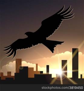 Illustration of flying eagle against sunset sityscape