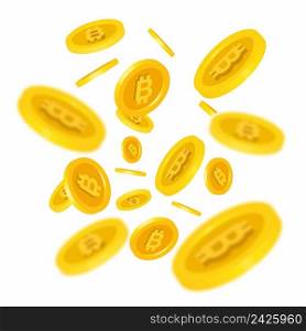 Illustration of flying gold bitcoins. Cryptography, currency, business. Financial concept. Design element for banners, posters, leaflets and brochures.