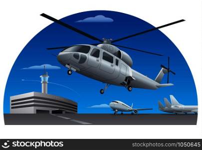 illustration of flying helicopter in airport. flying helicopter in airport