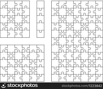 Illustration of four different white puzzles, separate pieces