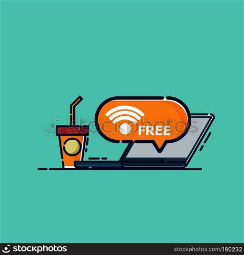 illustration of free wifi with laptop and coffee cup vector flat design