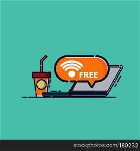 illustration of free wifi with laptop and coffee cup vector flat design
