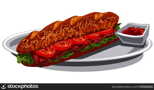 illustration of french baguette sandwich with sausages and tomatoes. french baguette sandwich