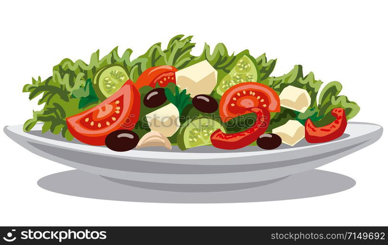 illustration of fresh greek salad with lettuce, tomatoes and olives. fresh greek salad