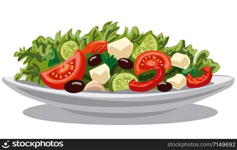 illustration of fresh greek salad with lettuce, tomatoes and olives. fresh greek salad
