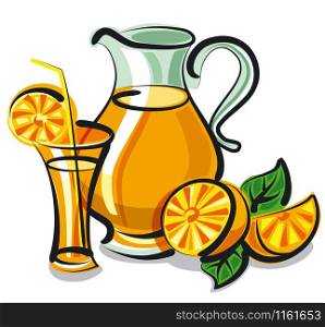 illustration of fresh orange juice in glass and sliced oranges. fresh orange juice