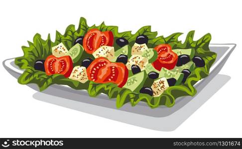illustration of fresh vegetables salad with tomatoes, lettuce, feta, cucumbers and olives. fresh vegetables salad