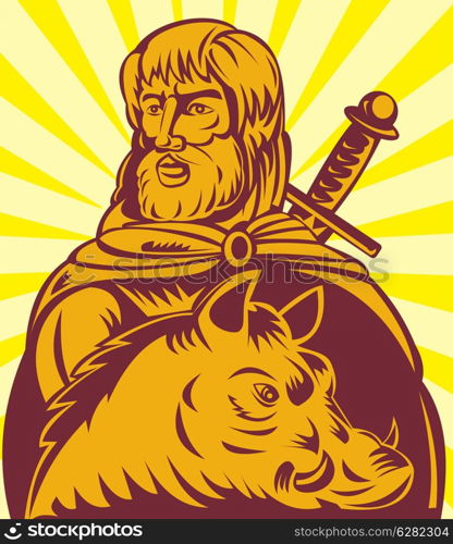 illustration of Frey the Norse god of agriculture with sword and boar. Frey Norse god of agriculture with sword and boar