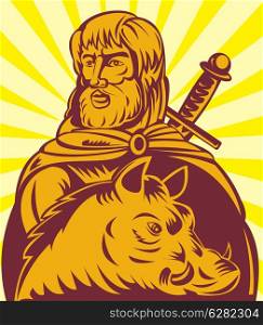 illustration of Frey the Norse god of agriculture with sword and boar. Frey Norse god of agriculture with sword and boar