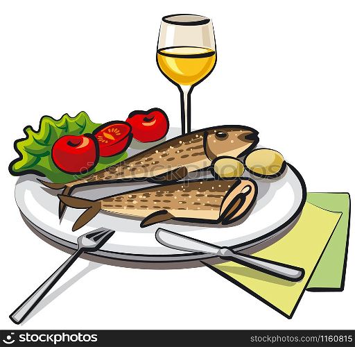 illustration of fried cooked fish with vegetables and wine. fried cooked fish