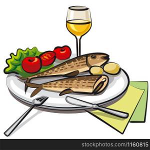 illustration of fried cooked fish with vegetables and wine. fried cooked fish