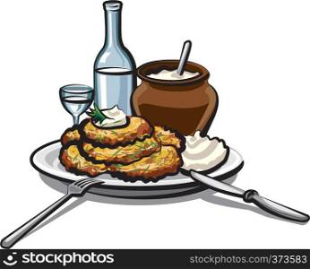 illustration of fried potato pancakes with sour cream and vodka