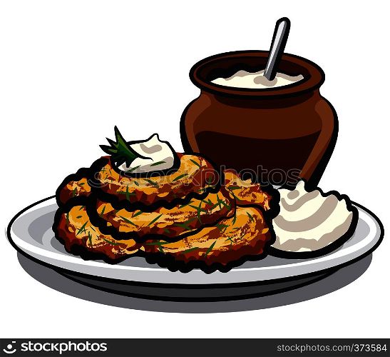 illustration of fried potato pancakes with sour cream. fried potato pancakes