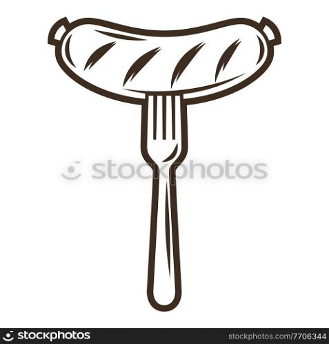 Illustration of fried sausage on fork. Object in engraving hand drawn style. Old decorative element for beer festival or Oktoberfest.. Illustration of fried sausage on fork. Object in engraving hand drawn style. Old element for beer festival or Oktoberfest.