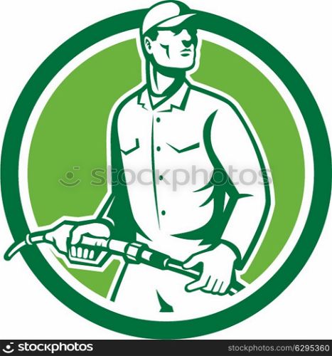 Illustration of fuel jockey gasoline attendant worker holding fuel pump nozzle looking to the side set inside circle on isolated background done in retro style.. Gas Jockey Gasoline Attendant Fuel Pump Nozzle