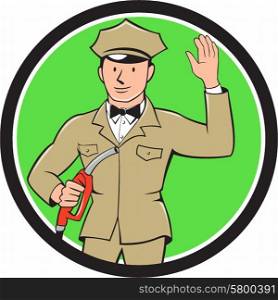 Illustration of fuel jockey gasoline attendant worker holding fuel pump nozzle waving hello viewed from the front set inside circle on isolated background done in cartoon style.. Gas Jockey Attendant Waving Circle Cartoon