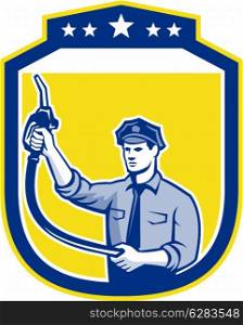 Illustration of fuel jockey gasoline attendant worker raising and holding fuel pump nozzle set inside shield done in retro style.. Gas Jockey Gasoline Attendant Shield