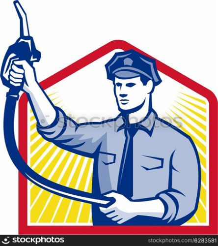 Illustration of fuel jockey gasoline attendant worker with fuel pump nozzle done in retro style.. Gas Jockey Gasoline Attendant Fuel Pump Nozzle