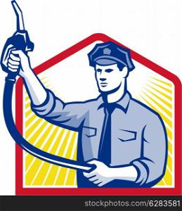 Illustration of fuel jockey gasoline attendant worker with fuel pump nozzle done in retro style.. Gas Jockey Gasoline Attendant Fuel Pump Nozzle