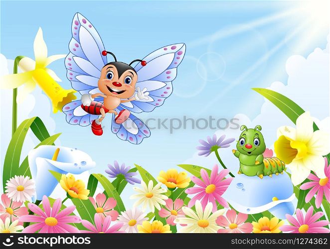 illustration of funny butterfly and caterpillar on flower field