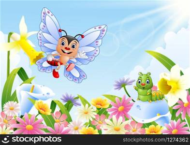 illustration of funny butterfly and caterpillar on flower field