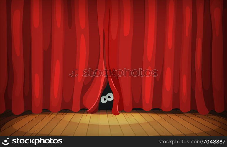 Illustration of funny cartoon human, creature or animal character&rsquo;s eyes hiding and looking from behind red curtains in theater wooden stage. Eyes Behind Red Curtains On Wood Stage