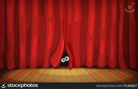 Illustration of funny cartoon human, creature or animal character&rsquo;s eyes hiding and looking from behind red curtains in theater wooden stage. Eyes Behind Red Curtains On Wood Stage