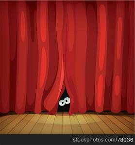 Illustration of funny cartoon human, creature or animal character's eyes hiding and looking from behind red curtains in theater wooden stage. Eyes Behind Red Curtains On Wood Stage