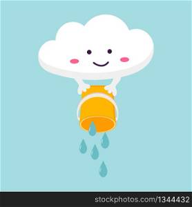 Illustration of funny cloud with bucket of rain.. Illustration of funny cloud with bucket of rain