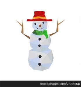 Illustration of funny origami snowman with red hat, isolated on white background