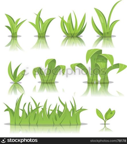 Illustration of funny set of cartoon spring or summer grass leaves, lawn and green plants. Leaves, Grass And Lawn Set