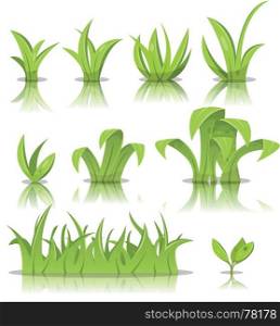 Illustration of funny set of cartoon spring or summer grass leaves, lawn and green plants. Leaves, Grass And Lawn Set