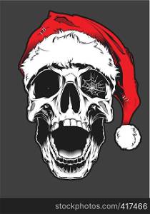 Illustration of funny skull wearing Santa Claus hat.