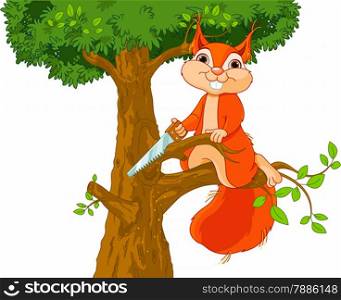 Illustration of funny squirrel saws branch