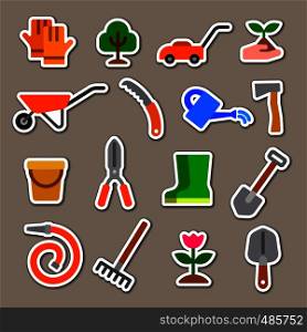 illustration of garden tools and equipment flat style stickers set. garden tools stickers