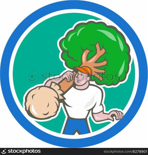 Illustration of gardener arborist tree surgeon carrying a tree viewed from front on isolated white background done in cartoon style set inside circle. Gardener Arborist Carrying Tree Cartoon