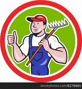 Illustration of gardener organic farmer holding rake facing front with thumbs up set inside circle on isolated background done in cartoon style.. Gardener Farmer Holding Rake Thumbs Up Cartoon