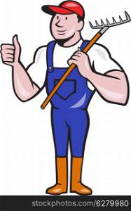 Illustration of gardener organic farmer holding rake facing front with thumbs up on isolated background done in cartoon style.. Gardener Farmer Hold Rake Thumbs Up Cartoon